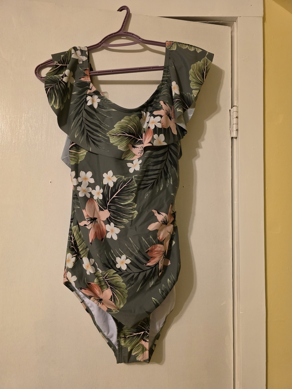 Target Floral Ruffle One-Piece Swimsuit - Olive Green and Peach